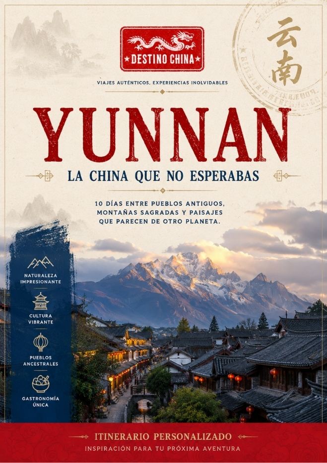 Cartel de itinerario personalizado de viaje a Yunnan con pueblos y montañas